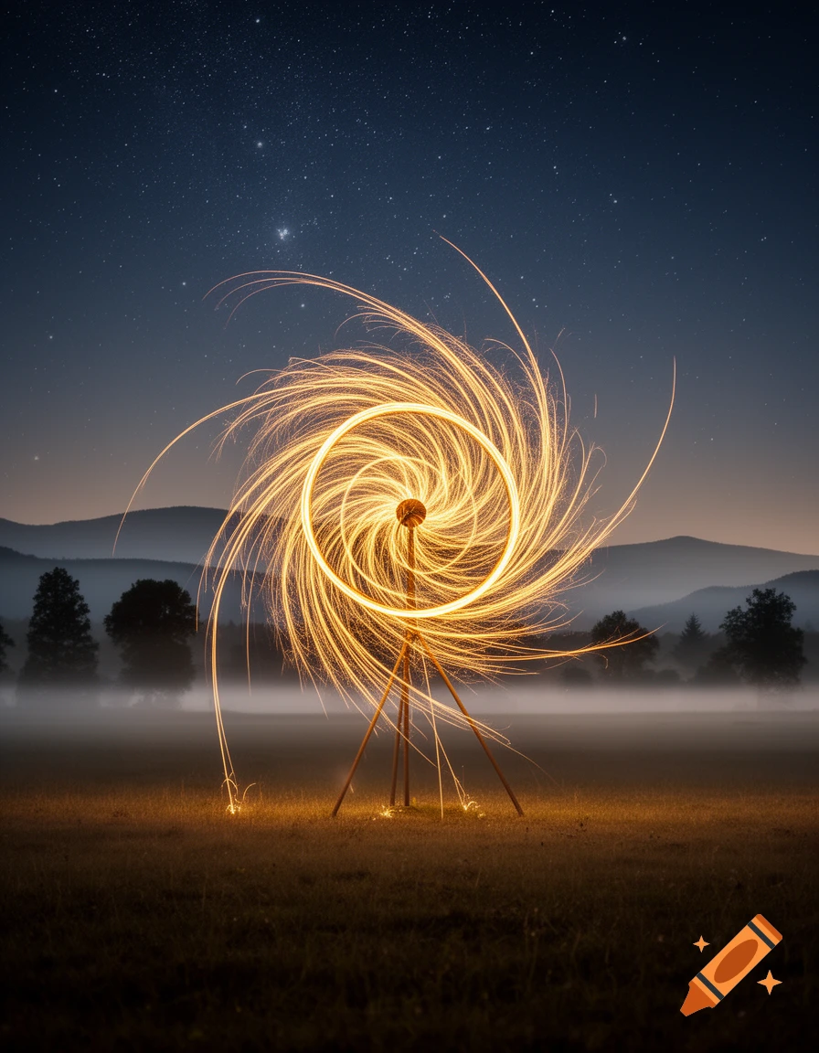 A golden light trail, shaped like a swirling Catherine wheel, stands on a tripod in a misty field under a starry night sky.
