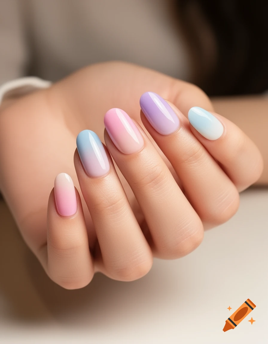 Close-up of an elegant hand with oval-shaped nails featuring glossy pastel pink, lavender, and blue ombre French nail art.