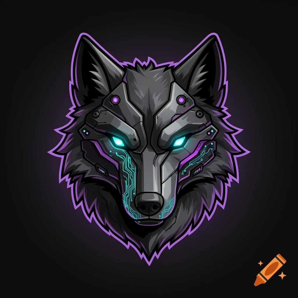 A striking stylized cybernetic wolf head icon with glowing cyan eyes, mechanical plating, and circuit etchings on a dark background.