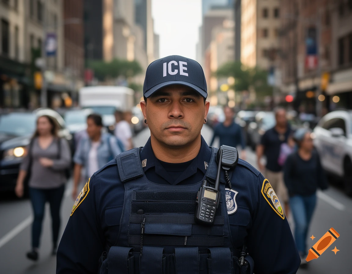 A photorealistic close-up of a man in an ICE uniform and cap, looking forward in a city street with blurred background.