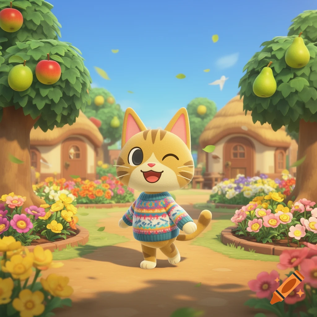 A winking, cartoon-style orange cat in a colorful sweater walks through a vibrant, flowery village scene.
