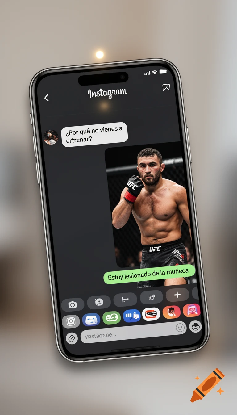 A close-up view of a smartphone displaying an Instagram chat. One message asks in Spanish 'Why don't you come to train?'. Below it is a photo of a shirtless MMA fighter, Islam Makhachev, wearing UFC gloves and shorts. His response is 'I am injured in the wrist'.