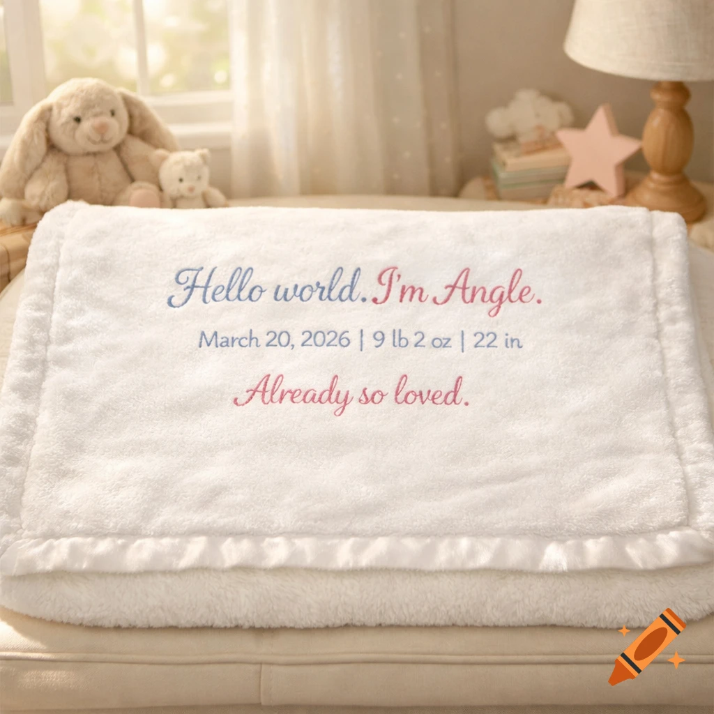 A white personalized baby blanket with pink and blue text announcing 'Hello world. I ’m Angle.' in a cozy nursery.