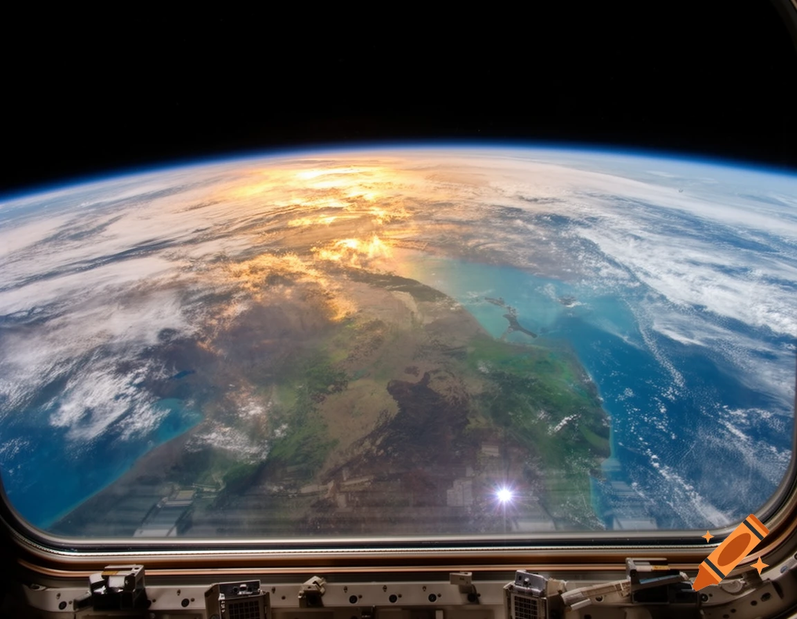 Photorealistic view of Earth from a spacecraft window with a golden sunrise over land and ocean.