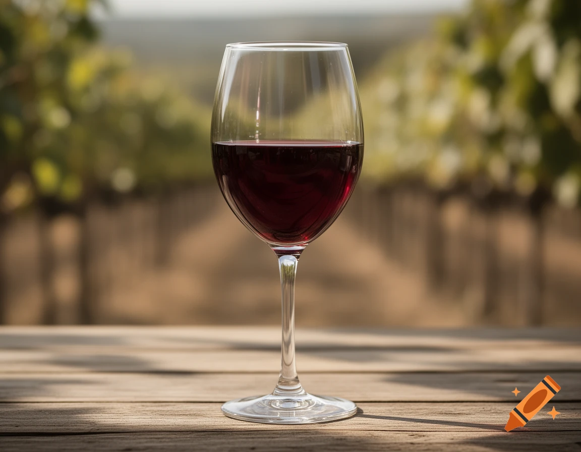 A close-up, photorealistic shot of a glass of red wine on a wooden table, with a blurred vineyard in the background.
