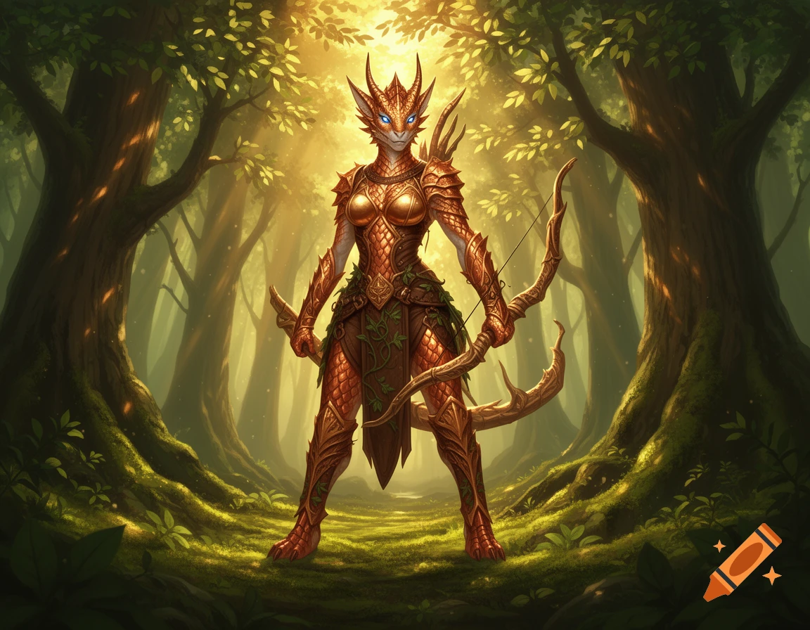 A female dragonborn ranger with copper scales, ice-blue eyes, and leather armor holds a bow in a sun-dappled fantasy forest. Digital art.
