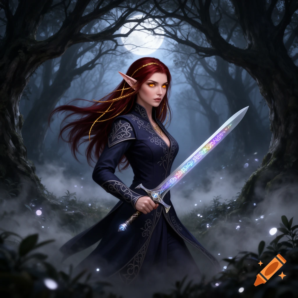 A female moon elf with red-gold hair and amber eyes holds a glowing sword in a misty dark forest under a full moon.