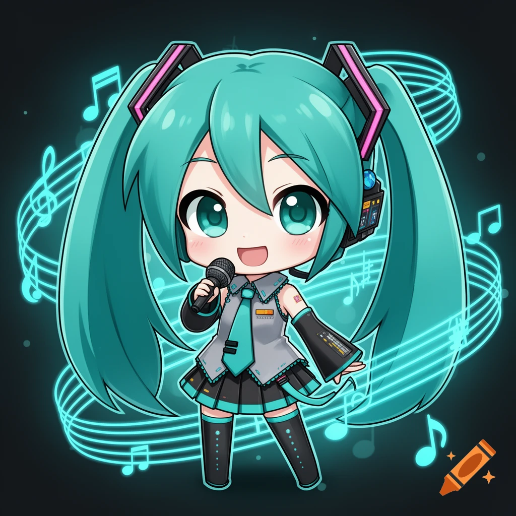 A chibi Hatsune Miku smiles, holding a microphone, surrounded by glowing blue music notes on a dark background in a vibrant anime style.