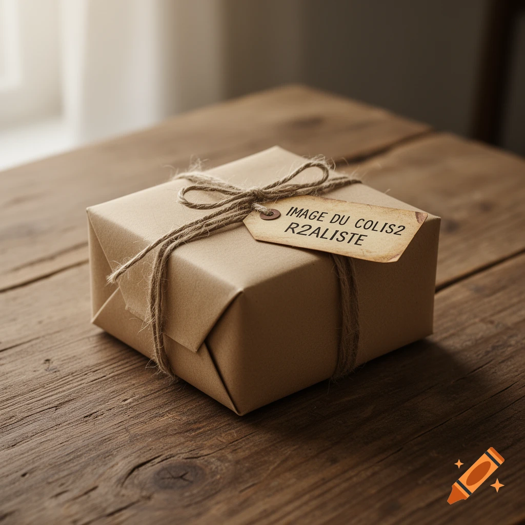 A brown paper package tied with twine, with a tag reading "IMAGE DU COLIS2 R2ALISTE", resting on a rustic wooden table.