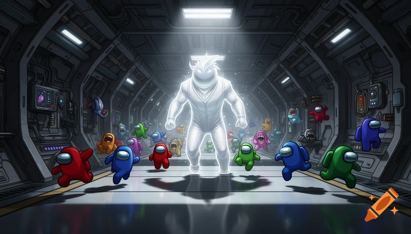 A giant glowing white Among Us crewmate with spiky hair stands in a spaceship corridor as smaller colorful crewmates run away in terror.
