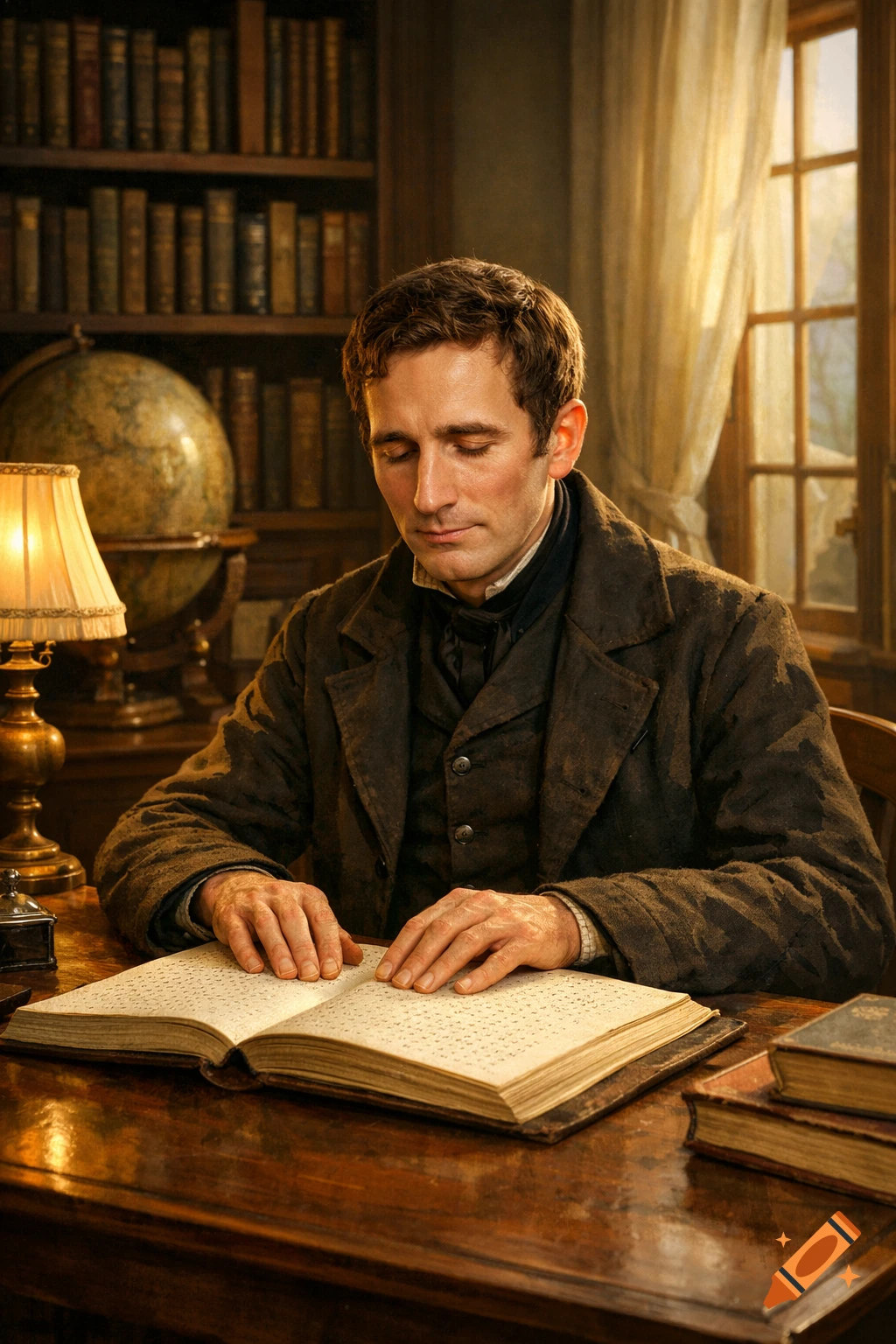 A man in period clothing with closed eyes reads a Braille book at a wooden desk in a lamp-lit study with a globe and bookshelves.