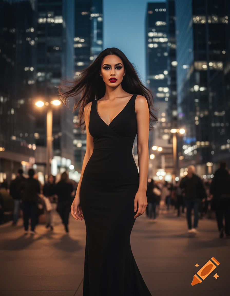 A woman in a black dress with red lipstick poses in a city street at ...