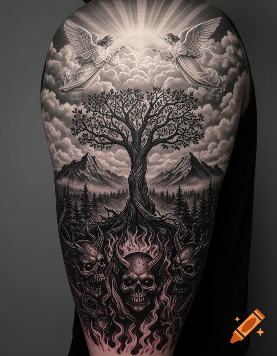 Detailed black and grey tattoo on an arm, depicting angels in clouds, a tree, mountains, and demonic skulls with flames below.