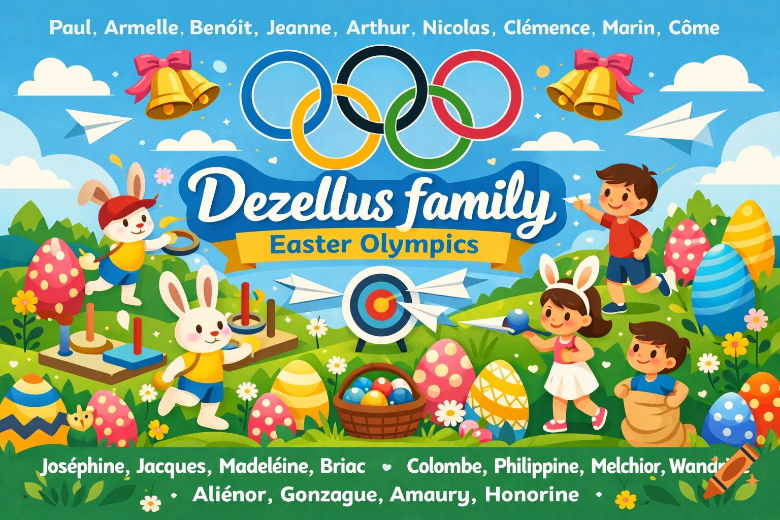 A colorful vector illustration of an "Easter Olympics" event with bunnies and children engaged in sports activities like ring toss and sack race, surrounded by decorated Easter eggs and paper airplanes. Names are listed at the top and bottom, with "Dezellus family" and "Easter Olympics" in the center. Olympic rings and bells are also visible.
