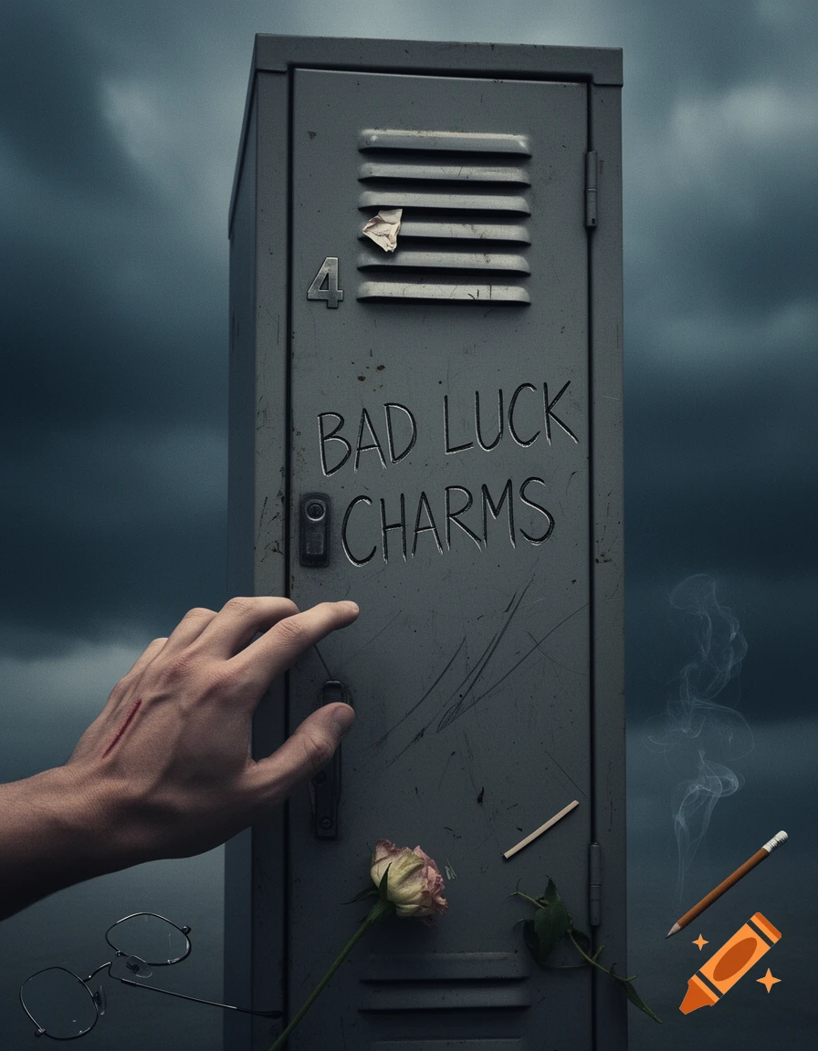 A human hand with a scar reaches towards a scratched grey locker with "BAD LUCK CHARMS" carved into it, set against a stormy sky. Scattered around are glasses, a wilted flower, a pencil, and a smoking incense stick in a dramatic, photorealistic style.