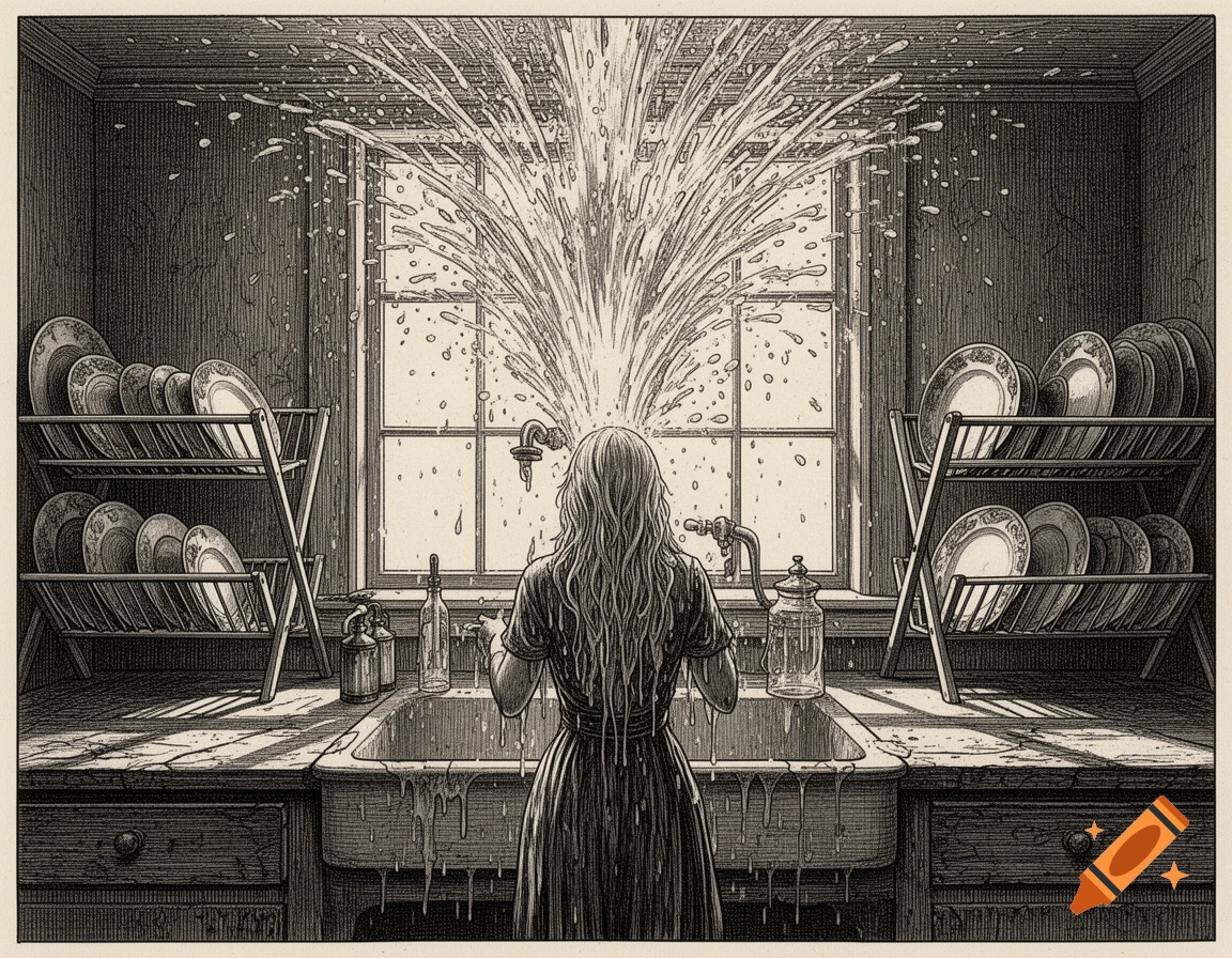 An old copper engraving shows a woman from behind at a kitchen sink with a violently spraying faucet, water reaching the ceiling.