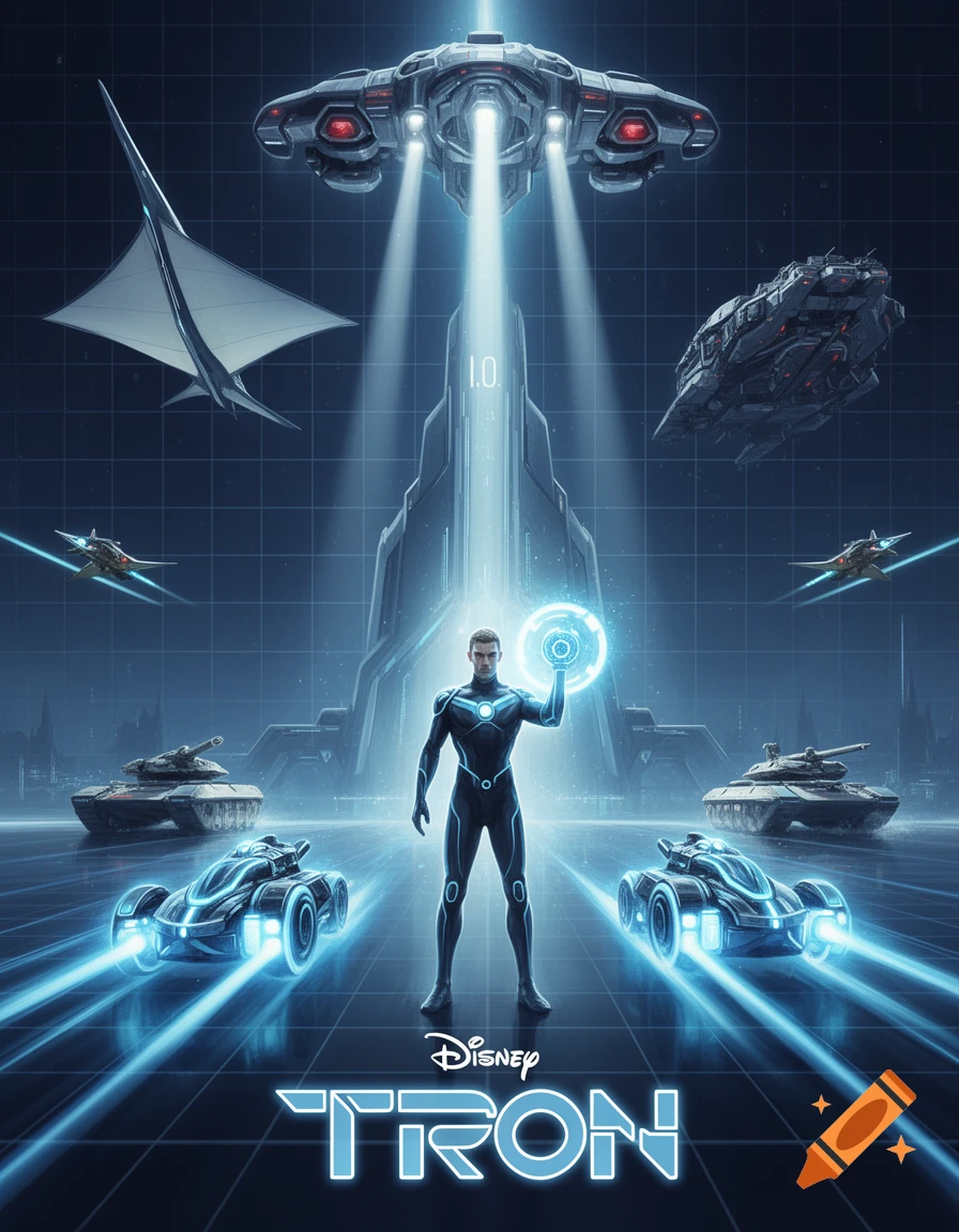 A Tron movie poster featuring a man in a black and blue suit, surrounded by light cycles, tanks, jets, and spacecraft on a digital grid background, with "Disney TRON" at the bottom.