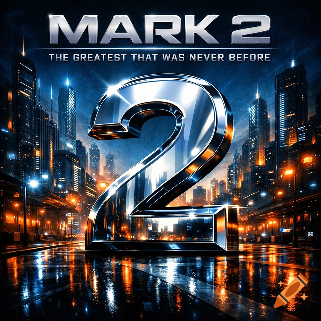 Album cover 'MARK 2' with a large metallic 2 in a futuristic cityscape at night, reflecting on a wet street.