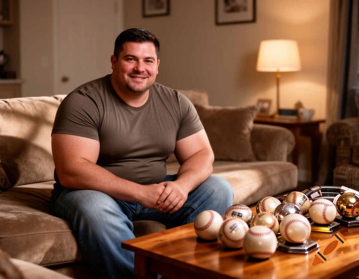 A smiling man sits on a brown couch in a living room, with several baseballs displayed on a wooden coffee table in front of him.