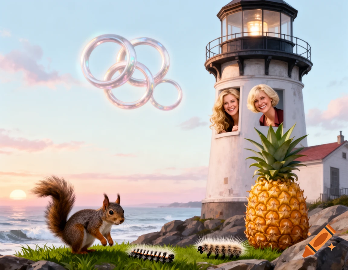 A photorealistic image of a lighthouse on a rocky coast at sunset with two women, a squirrel, caterpillars, and a pineapple. Floating rings are in the sky.
