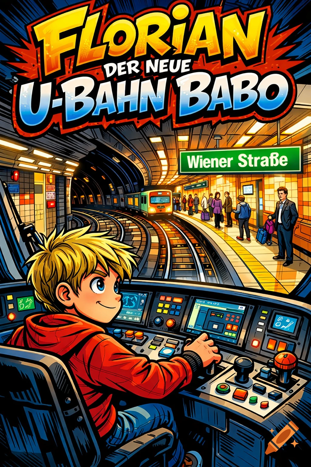 Comic illustration of a blond boy in a subway driver's seat, looking at a station platform with a 'Wiener Stra Robe' sign.