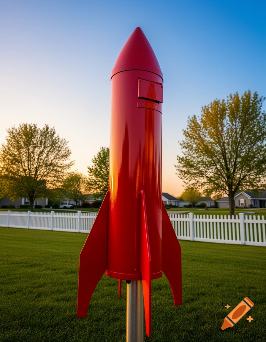 A red rocket-shaped mailbox stands in a green lawn with a white picket fence and houses under a clear sunset sky.