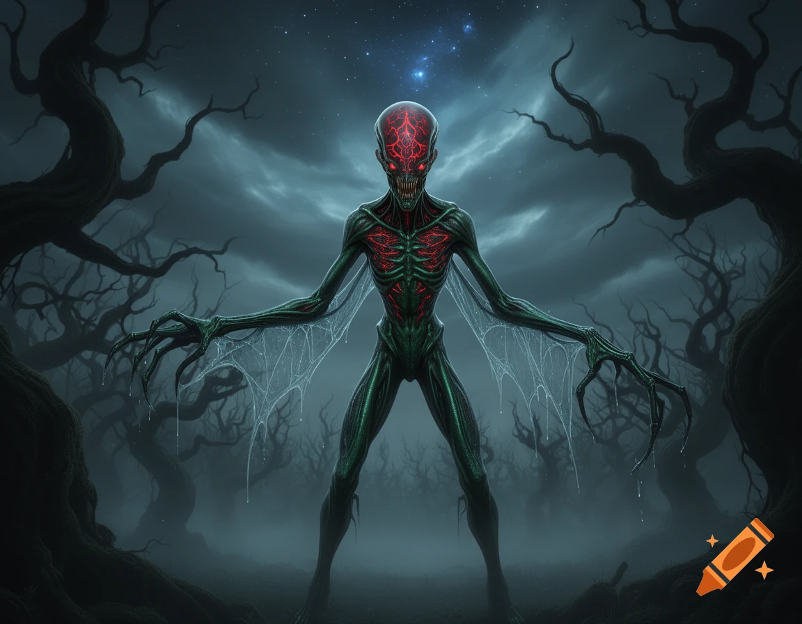 A terrifying green alien with glowing red eyes and webbed claws stands in a dark, foggy, twisted forest.