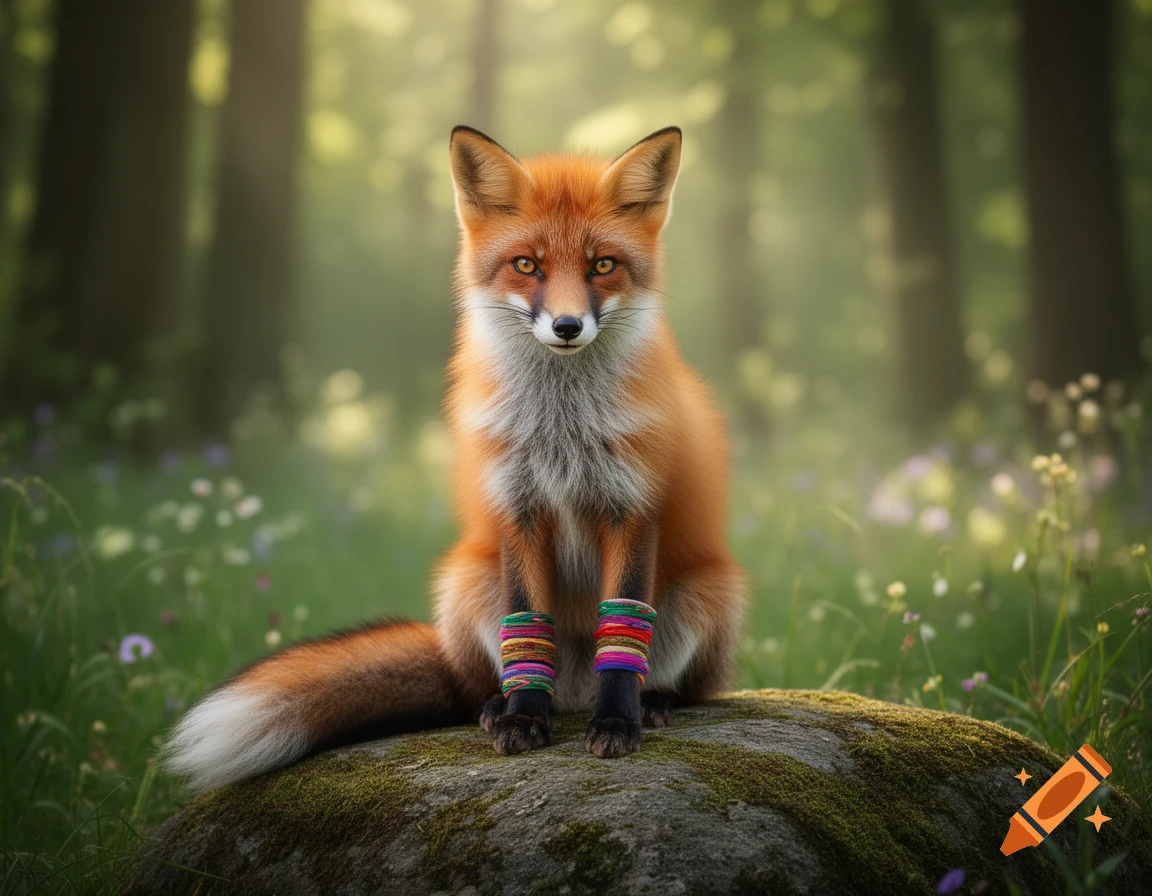 A photorealistic image of a red fox with colorful hair bands on its front paws, sitting on a mossy rock in a sunlit forest.