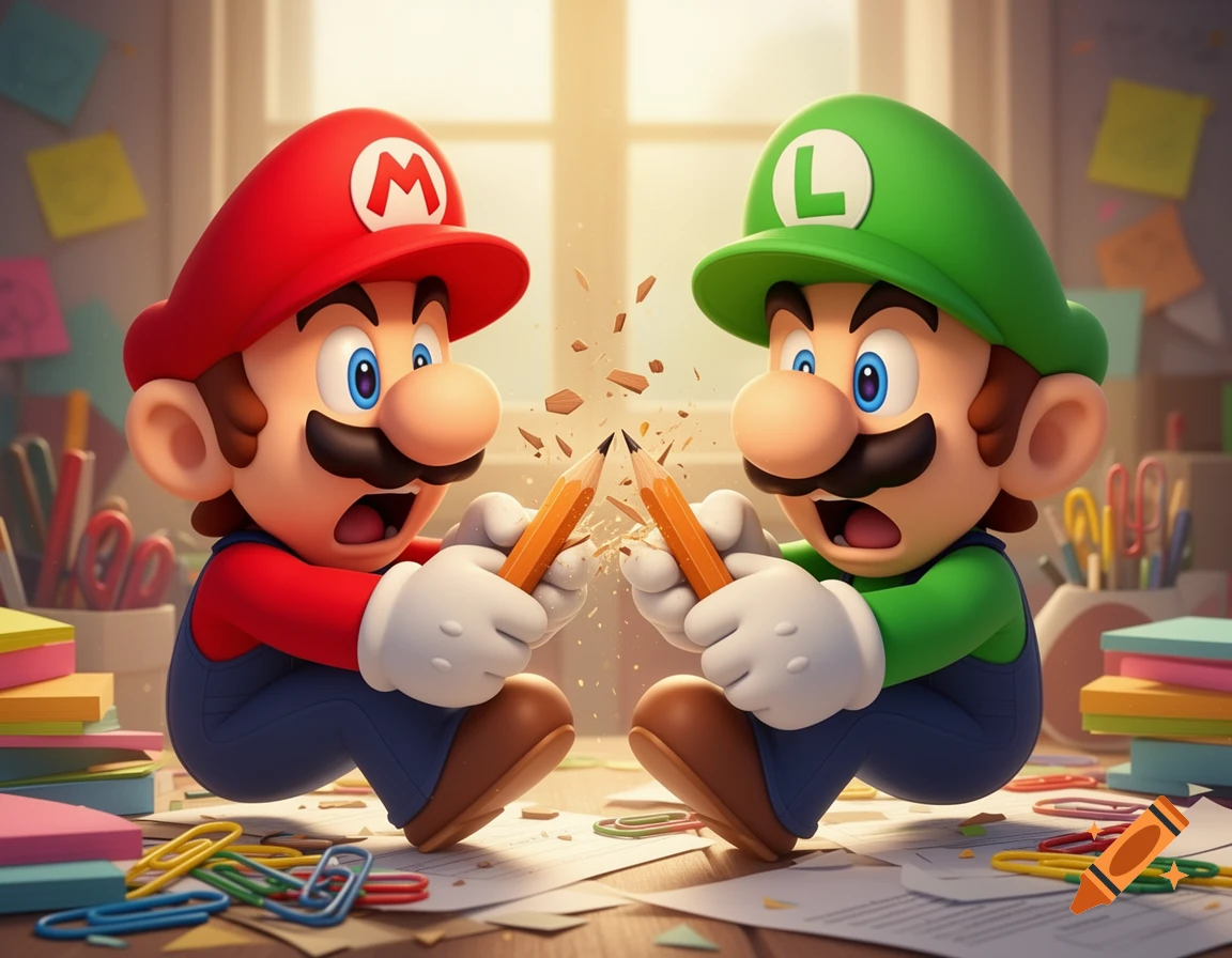 Mario and Luigi in a 3D cartoon style, both looking surprised as they snap pencils in half over a desk with school supplies.