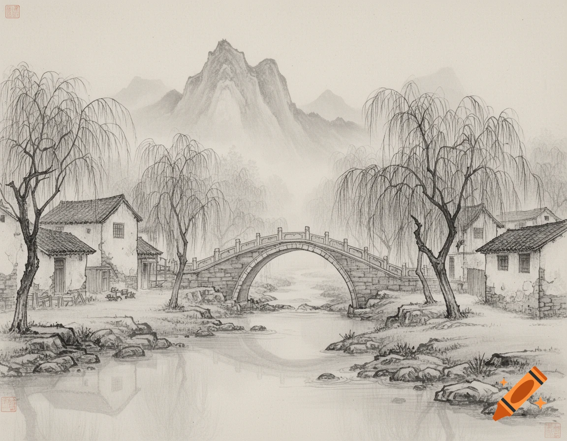 Traditional Chinese ink painting of a stone arch bridge, rustic houses, willow trees, and misty mountains over a stream.