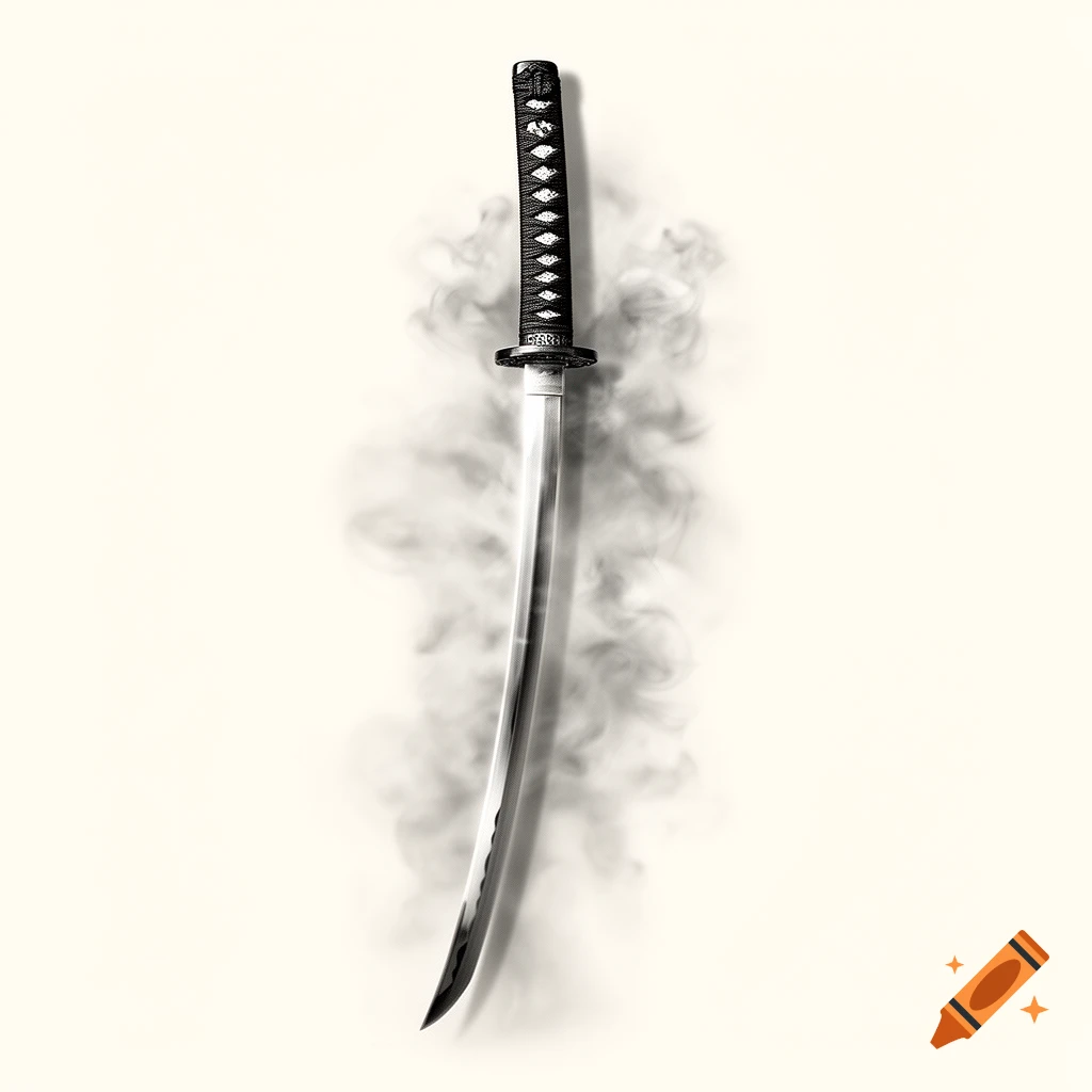Black and white drawing of a katana sword, with its blade and hilt wreathed in smoke on a light background.