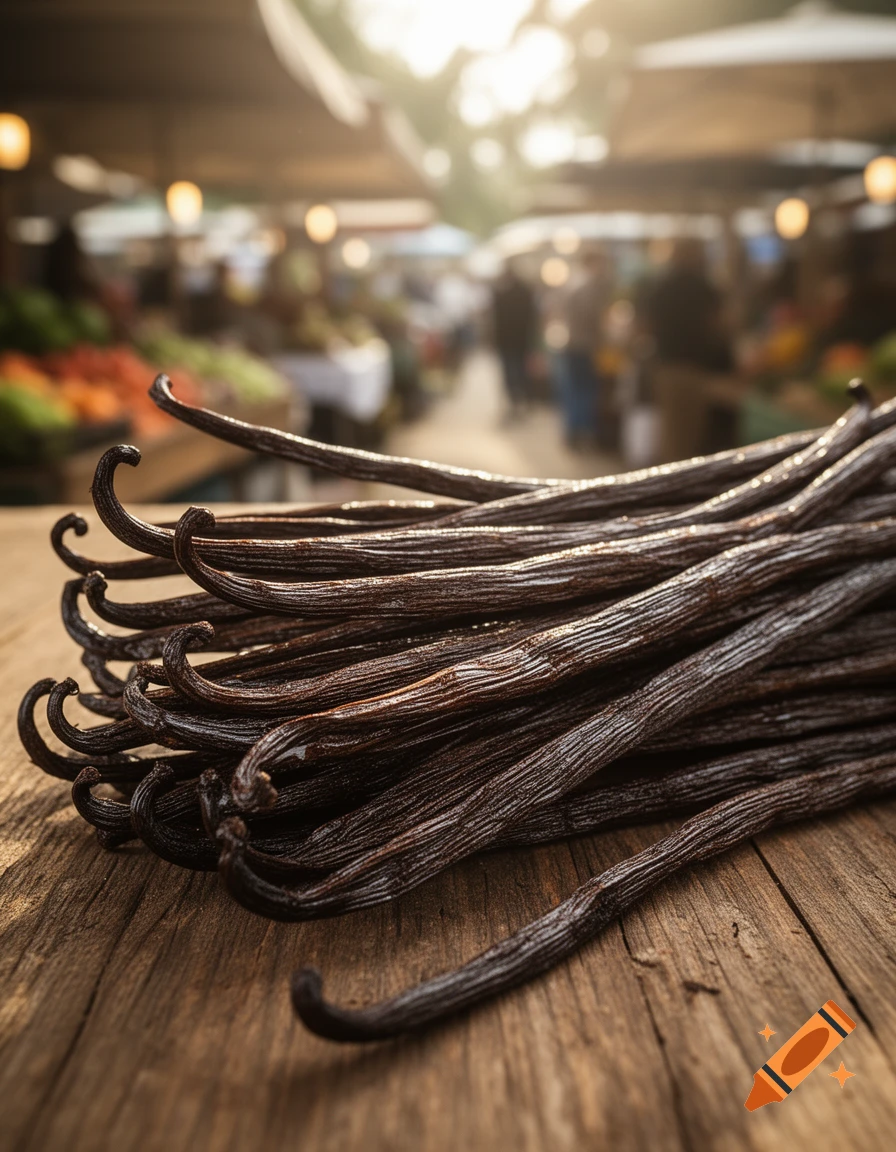A pile of dark brown vanilla beans on a rustic wooden surface, with a blurred, sunny market background.