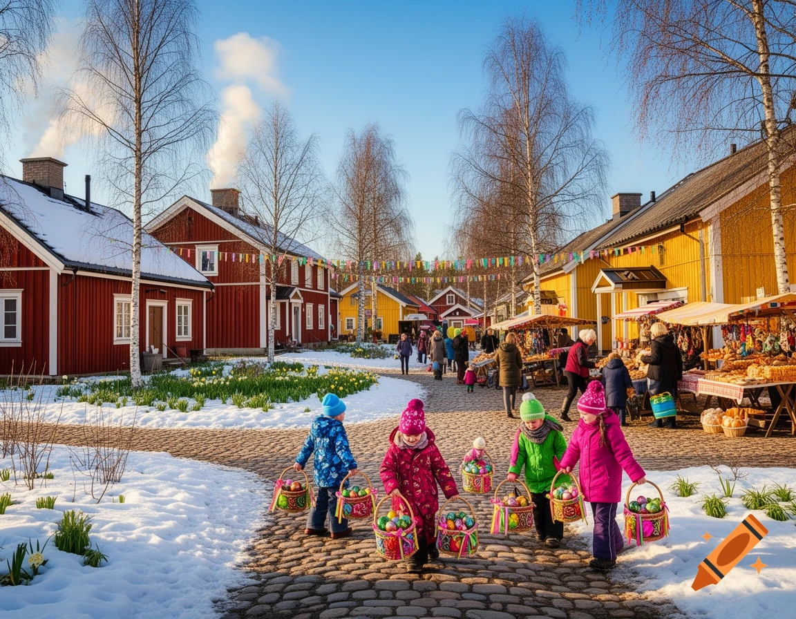 Children carry Easter baskets down a snowy street in a vibrant village market with colorful wooden houses.