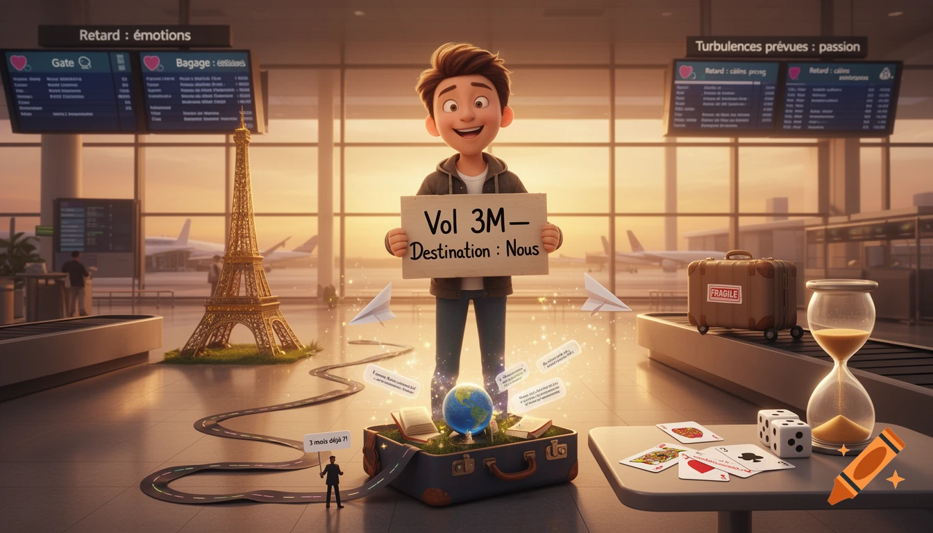 A smiling cartoon boy in an airport holds a sign saying "Vol 3M Destination: Nous". Around him are a magical open suitcase, a miniature Eiffel Tower, an hourglass, playing cards, and flight departure boards with whimsical text like "Retard: émotions".