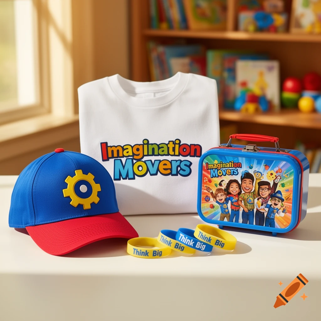 Imagination Movers themed merchandise including a blue and red hat, a white t-shirt, a blue lunchbox with cartoon characters, and yellow and blue "Think Big" bracelets, all on a light table.