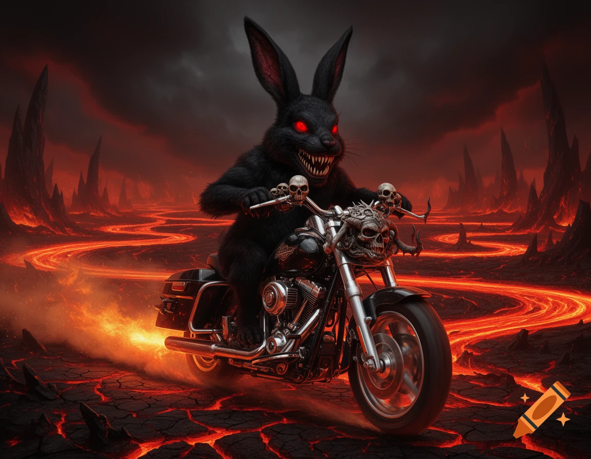 A black demonic rabbit with glowing red eyes and sharp teeth rides a skull-adorned motorcycle through a fiery, hellish landscape with rivers of lava.