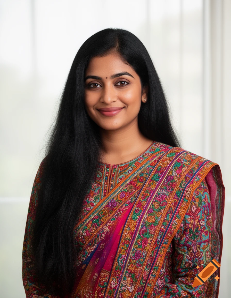 A realistic portrait of an Indian woman with long black hair, a bindi, and a warm smile, wearing a vibrantly patterned ethnic dress.