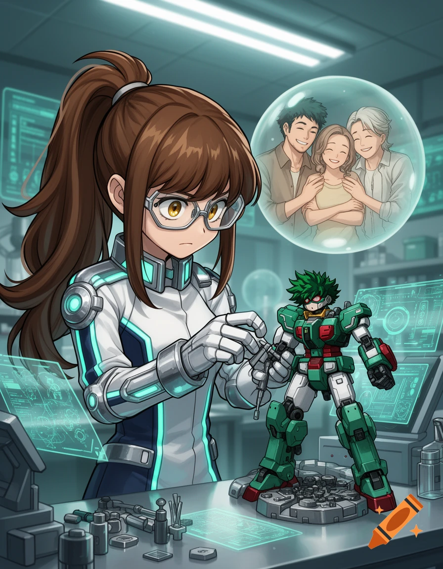 Anime girl in lab coat and glasses assembling a green and red Mecha Deku figure in a science lab, with a thought bubble of happy parents.