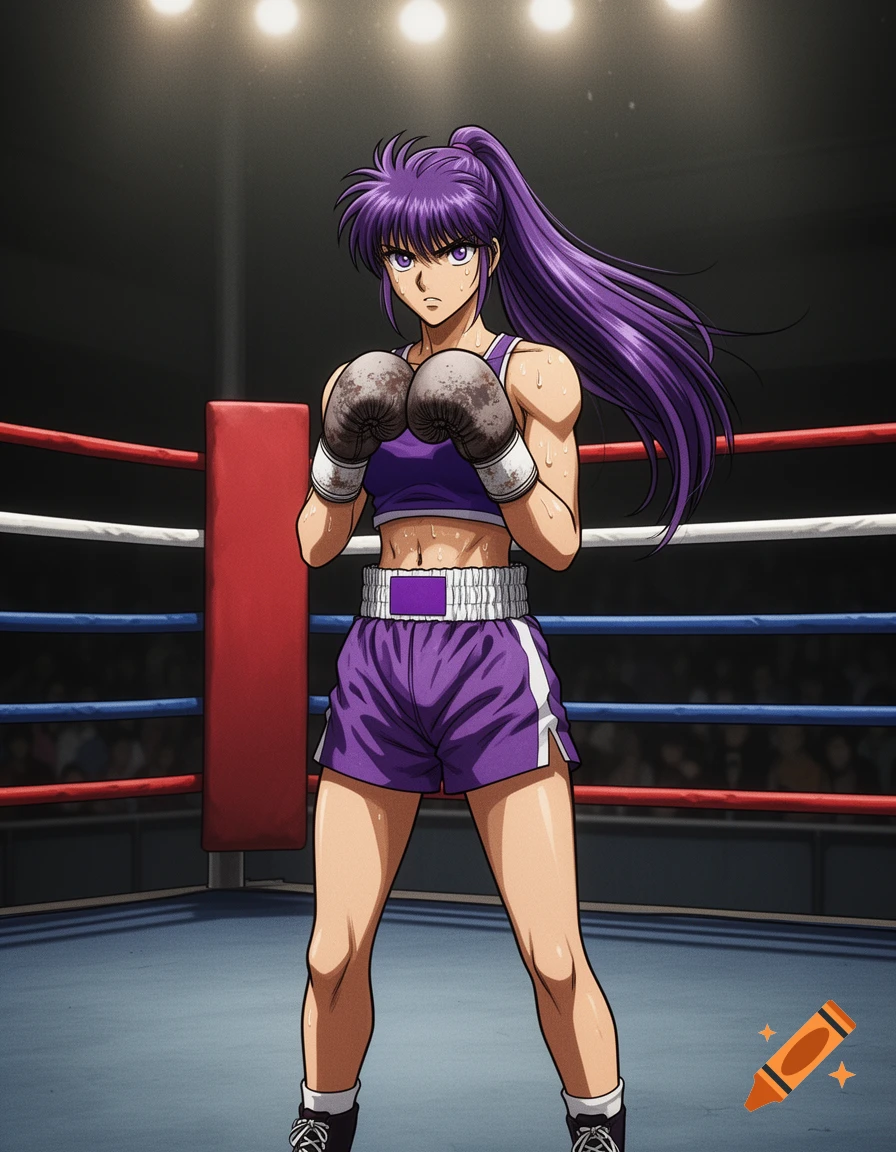 An anime female boxer with purple hair in a purple sports top and shorts, wearing boxing gloves, stands in a boxing ring.