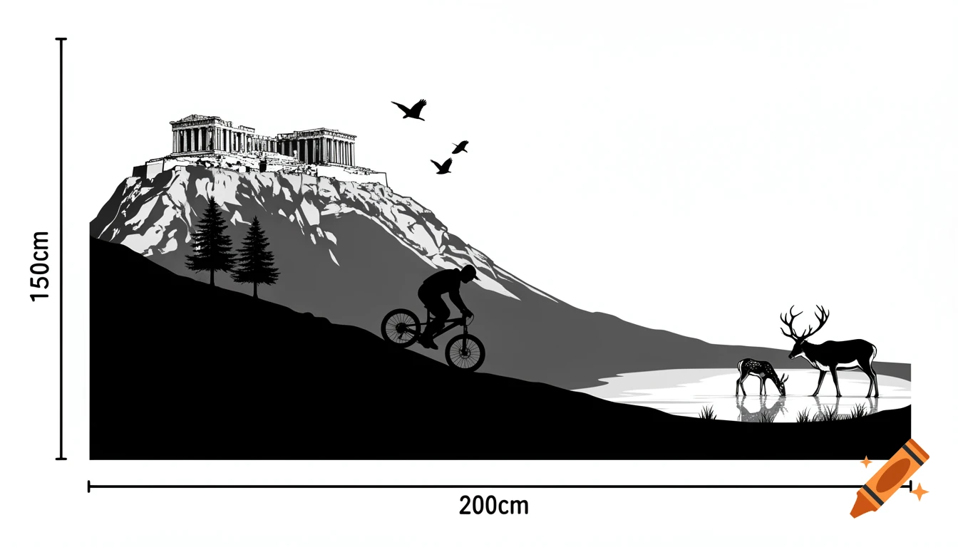 A black and white vector illustration of a landscape with the Acropolis on a mountain, a mountain biker, flying birds, and deer drinking from a lake.