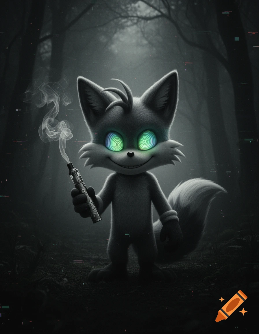 An anthropomorphic gray fox with glowing green hypnotic swirl eyes, a wide grin, holding a vaping device with smoke, stands in a dark, hazy forest with glitch effects.