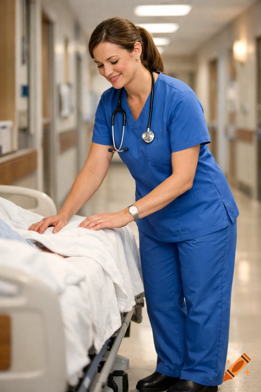 A smiling female nurse in blue scrubs leans over a hospital bed in a bright corridor.