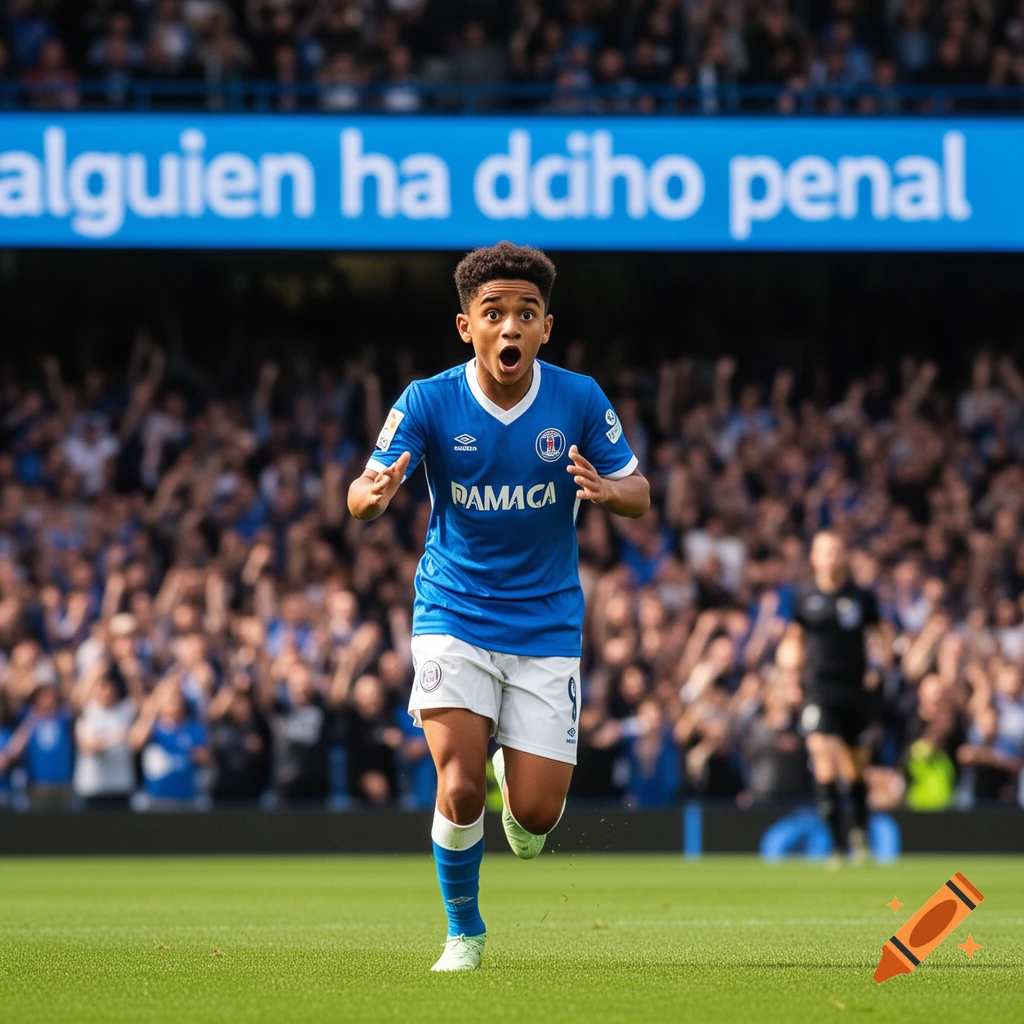 A young male soccer player in a blue and white uniform runs on a green field with a surprised expression, celebrating in front of a stadium crowd and a blue banner with text.