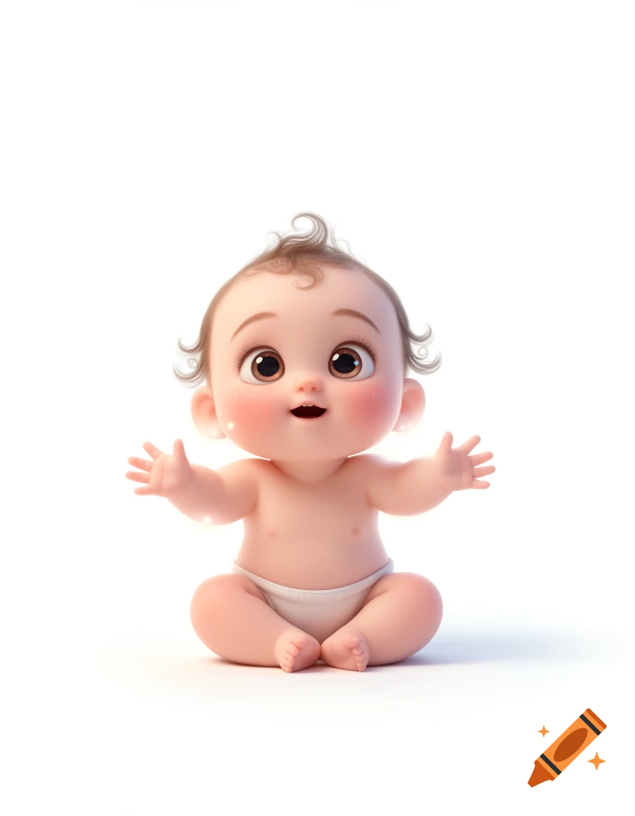 A cute, animated baby with big eyes and rosy cheeks sits on a white background, arms open.