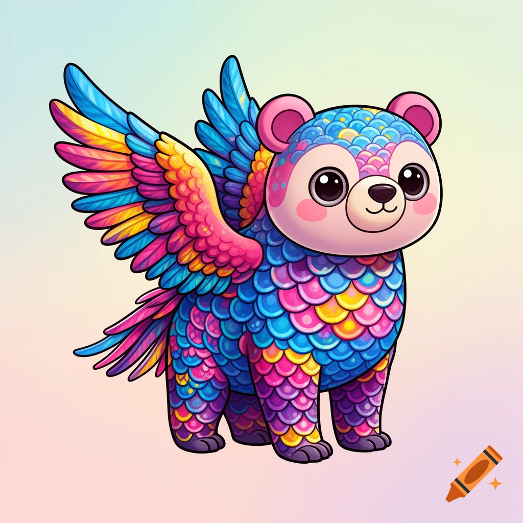 A vibrant, colorful kawaii bear-headed alebrije creature with fish scales and parrot wings stands on a pastel background.