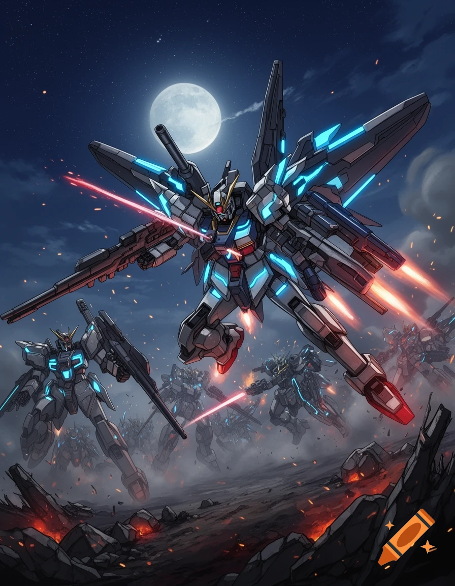 A dynamic anime illustration of multiple Gundam-style mechs battling under a full moon, with lasers and explosions.