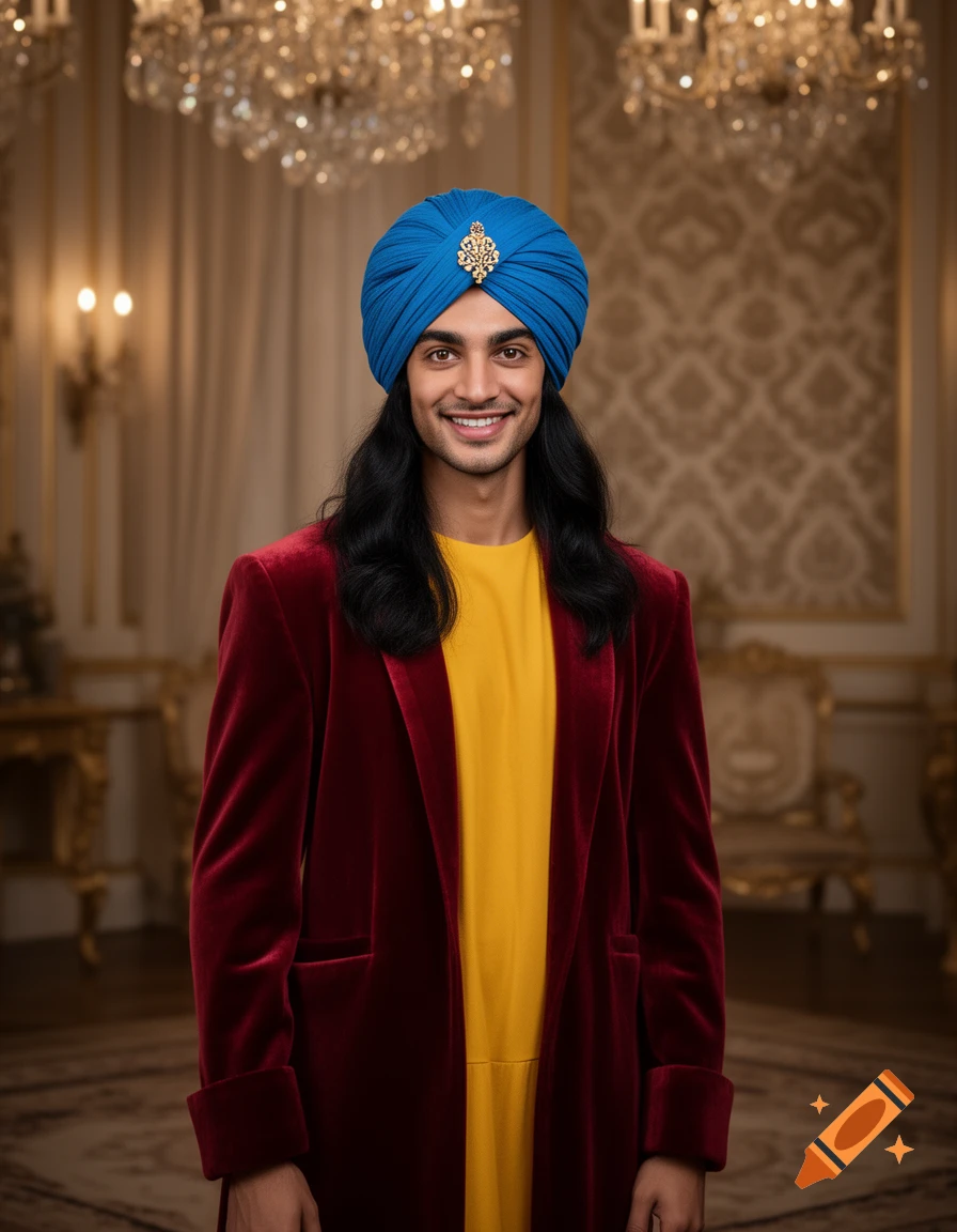 A smiling man with long black hair, a blue turban, yellow tunic, and red velvet coat stands in an opulent room with chandeliers.