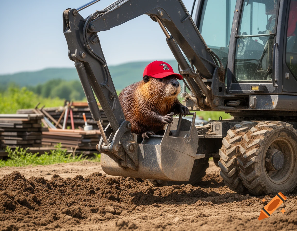 A photorealistic beaver wearing a red baseball cap, operating an ...
