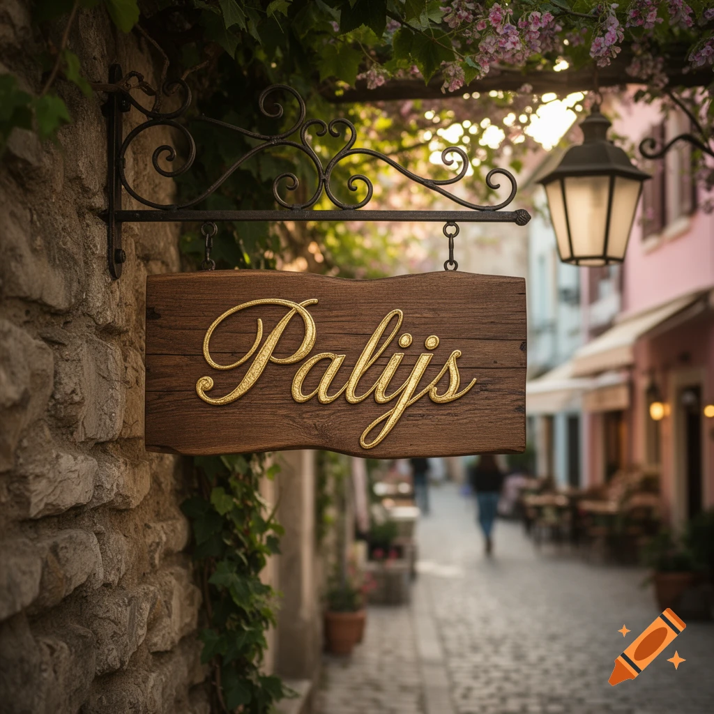 Rustic wooden sign with 'Palijs' in gold script hangs on a stone wall overlooking a blurred European street with a lantern.