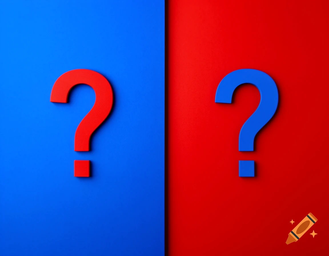 Two 3D question marks on a split background: a red question mark on the left blue side and a blue question mark on the right red side.